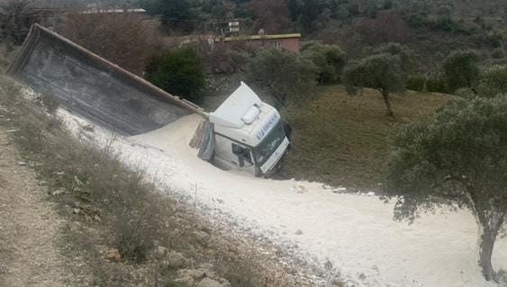 Çakıl yüklü kamyon, zeytin bahçesine düştü