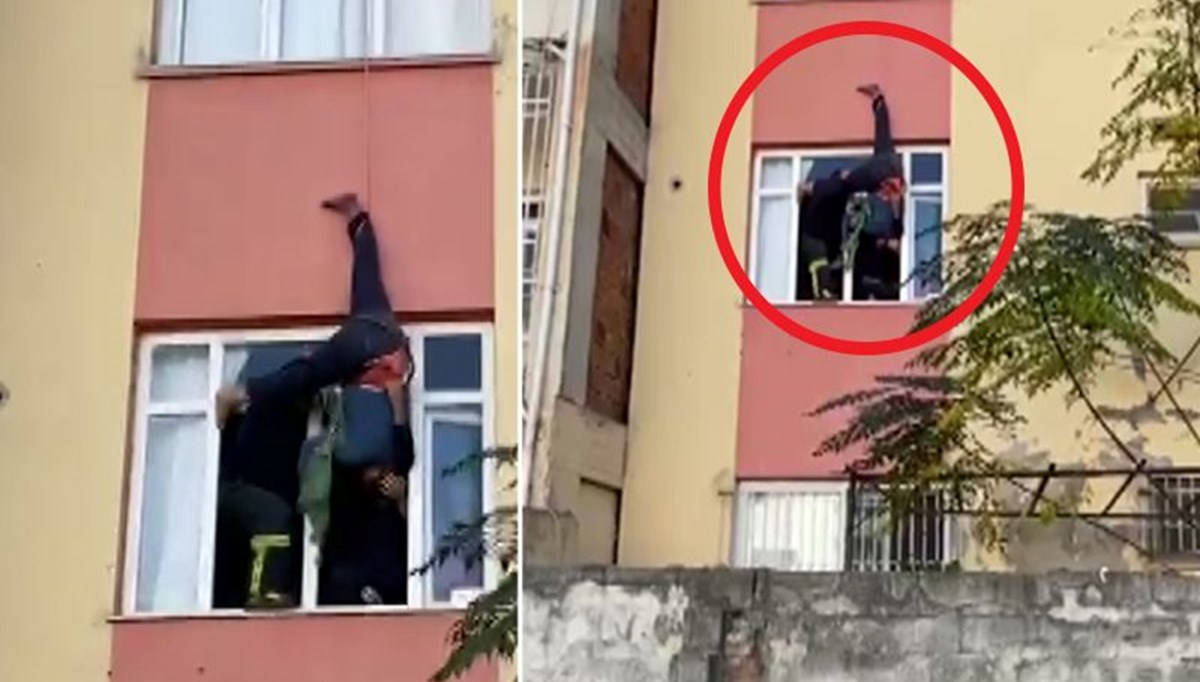 Anahtarını unuttuğu eve girmeye çalışırken asılı kaldı Anahtarını unuttuğu eve girmeye çalışırken asılı kaldı