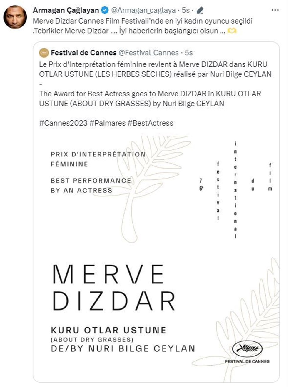 Cannes'dan ödülle dönen Merve Dizdar'a tebrik mesajları yağdı - 11