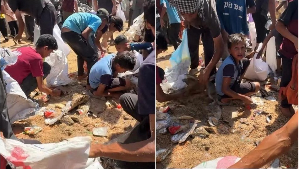 Açlıkla boğuşan Gazzeliler, havadan atılan pirinçle karışan kumu yiyor