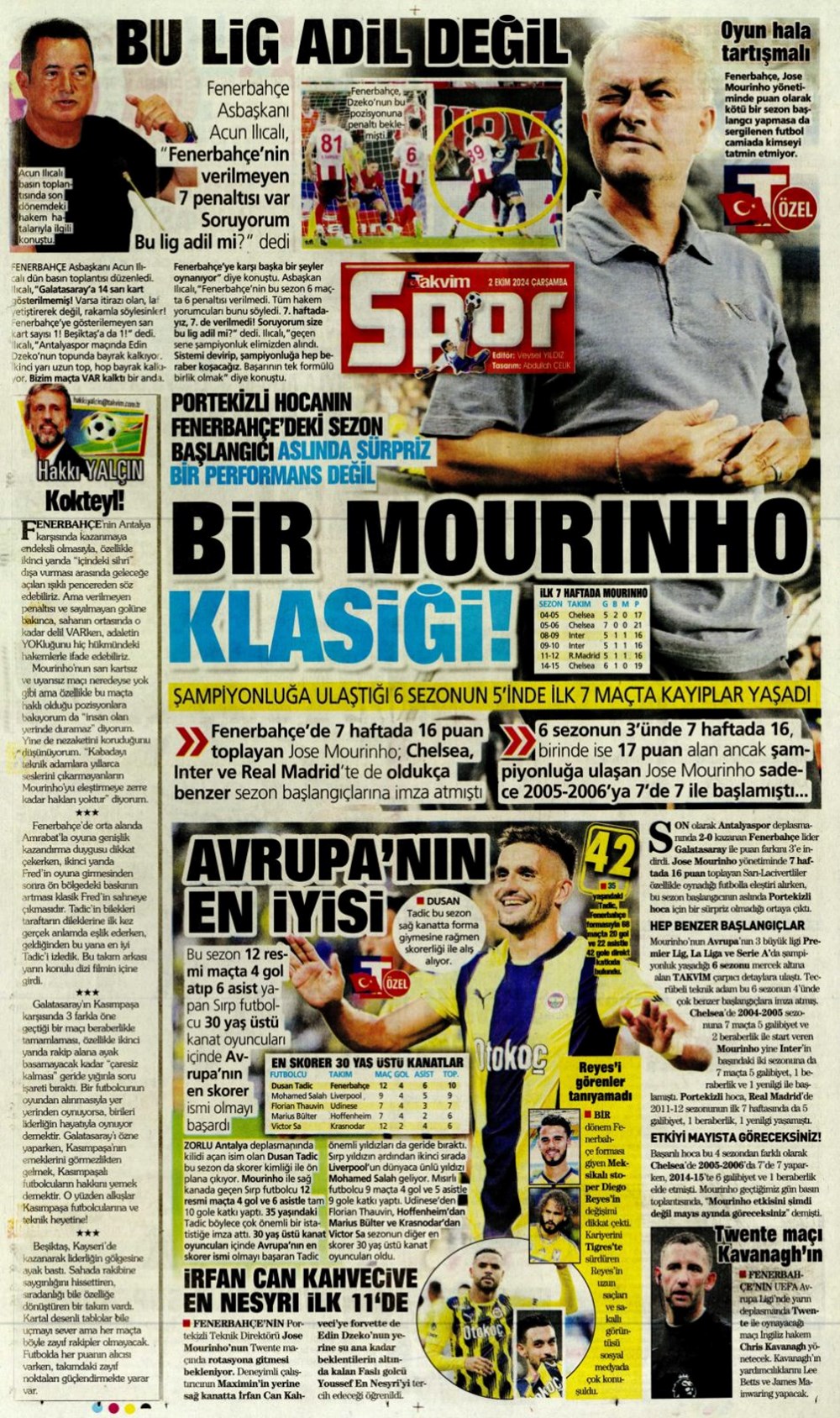 "Bir Mourinho klasiği" (2 Ekim 2024 spor manşetleri) - 1