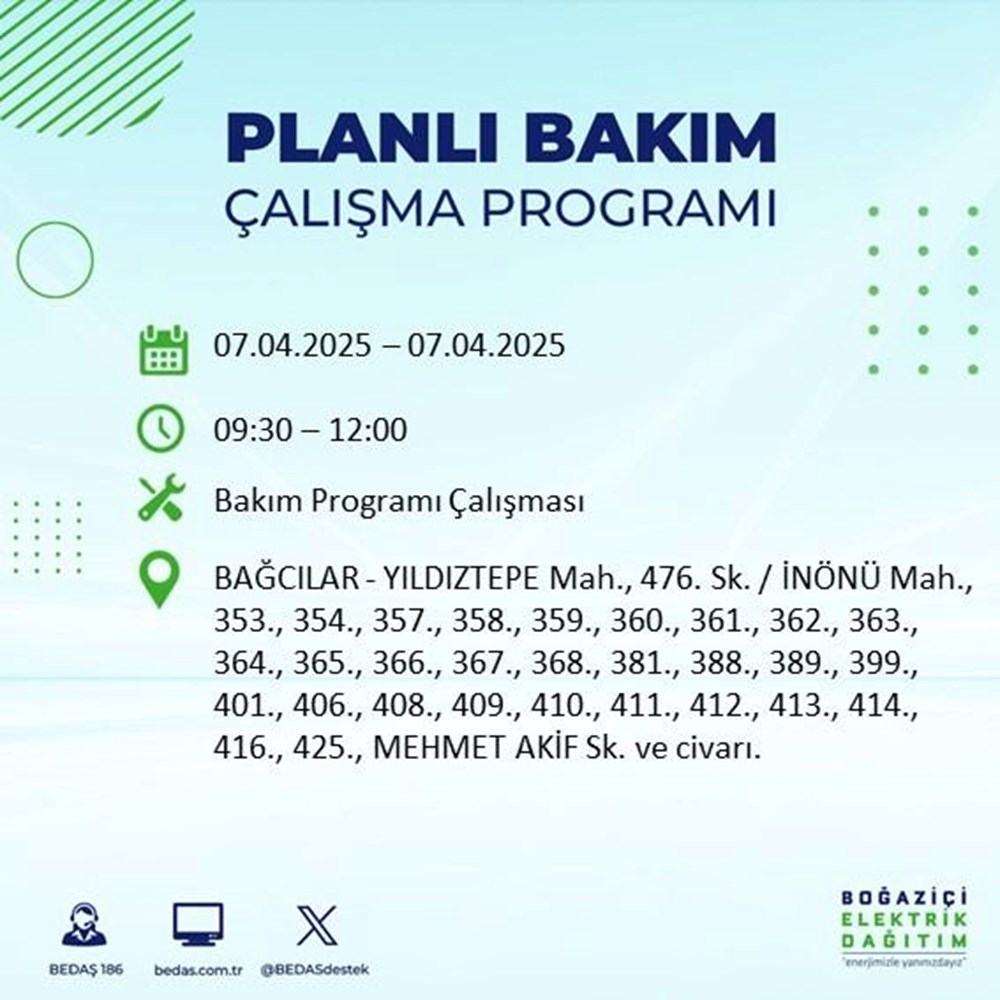 İstanbul'un 21 ilçesinde elektrik kesintisi: Elektrikler ne vakit gelecek? 9 saat sürecek (7 Nisan BEDAŞ kesinti programı) 80