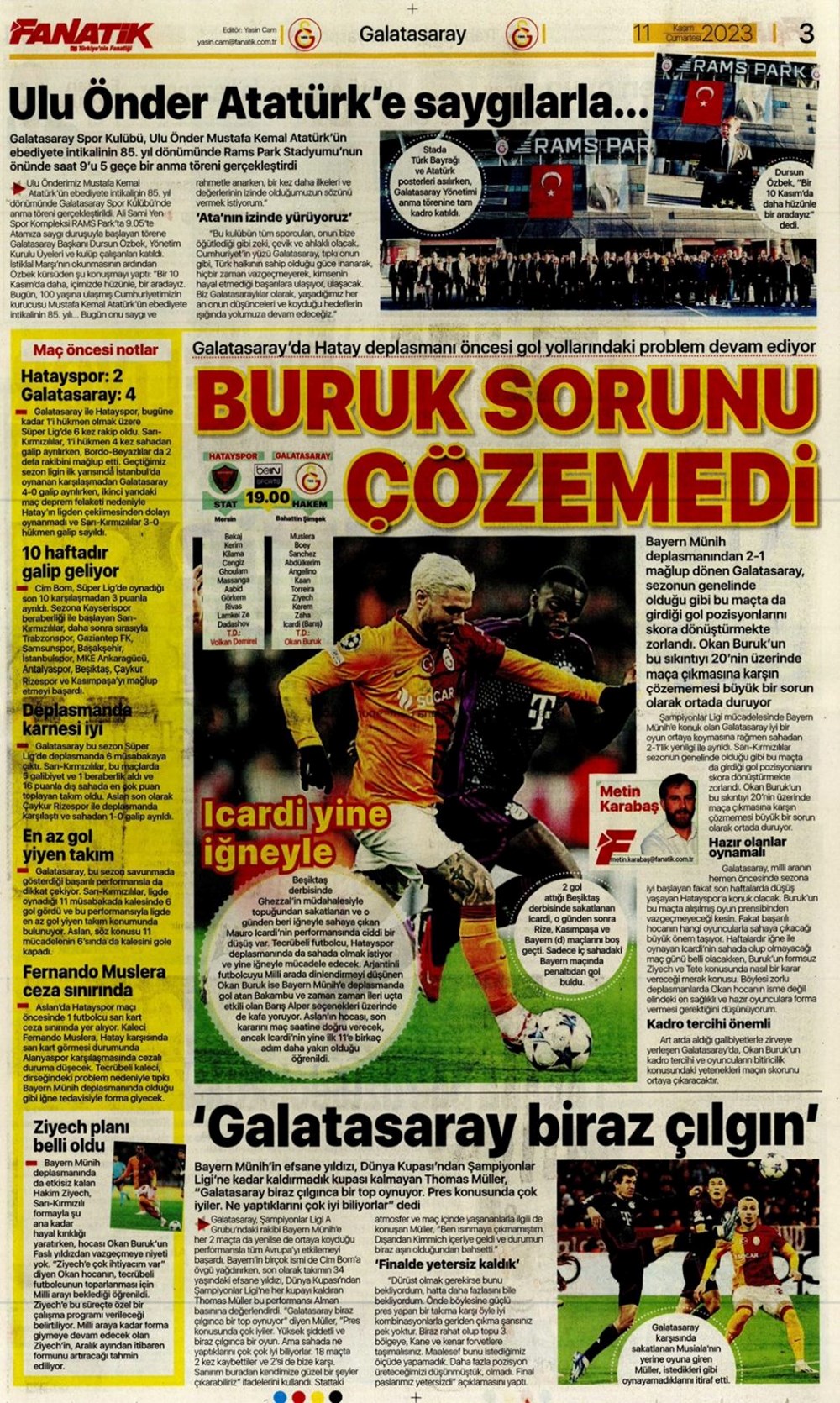 "Icardi yine iğneyle" (11 Kasım 2023 spor manşetleri) - 1