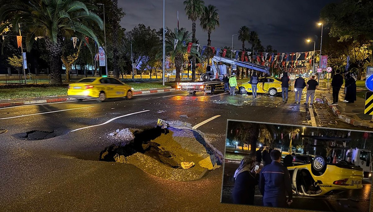 Vatan Caddesi'nde yol çöktü, taksi takla attı