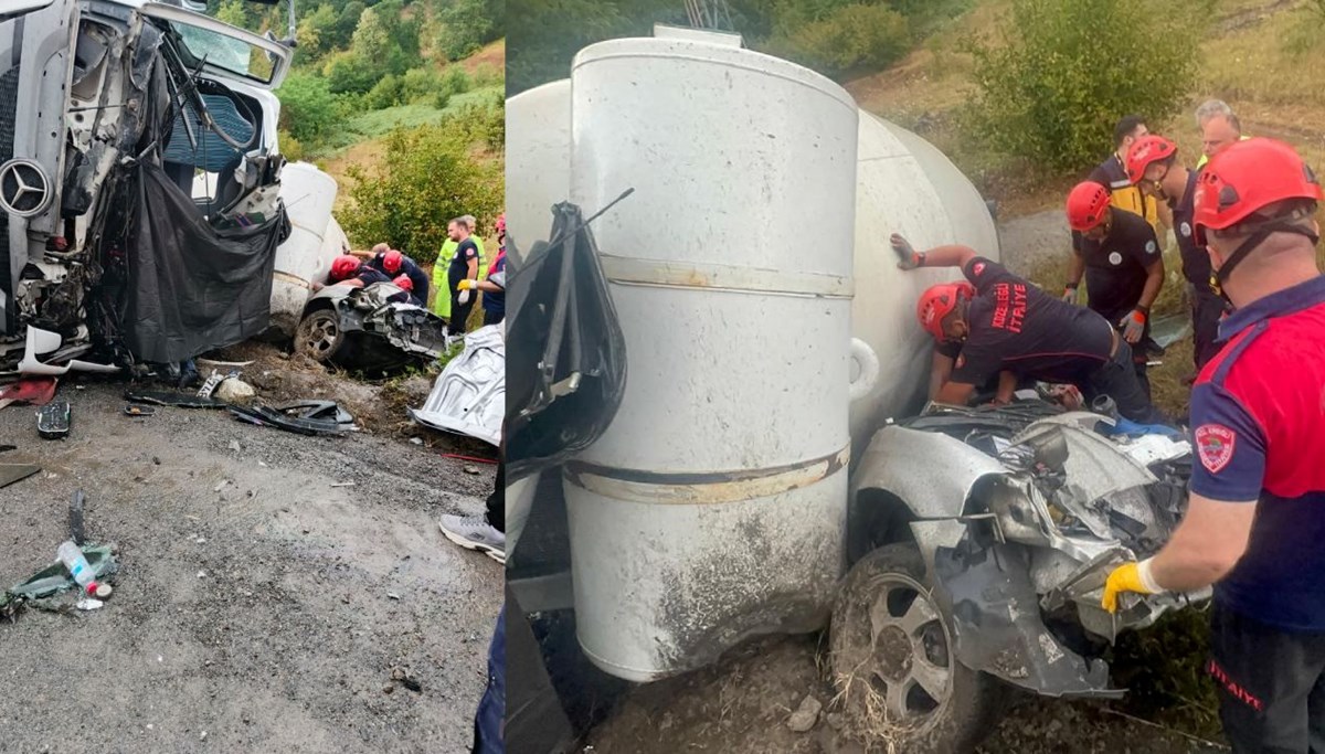 Beton mikseri, otomobilin üzerine devrildi