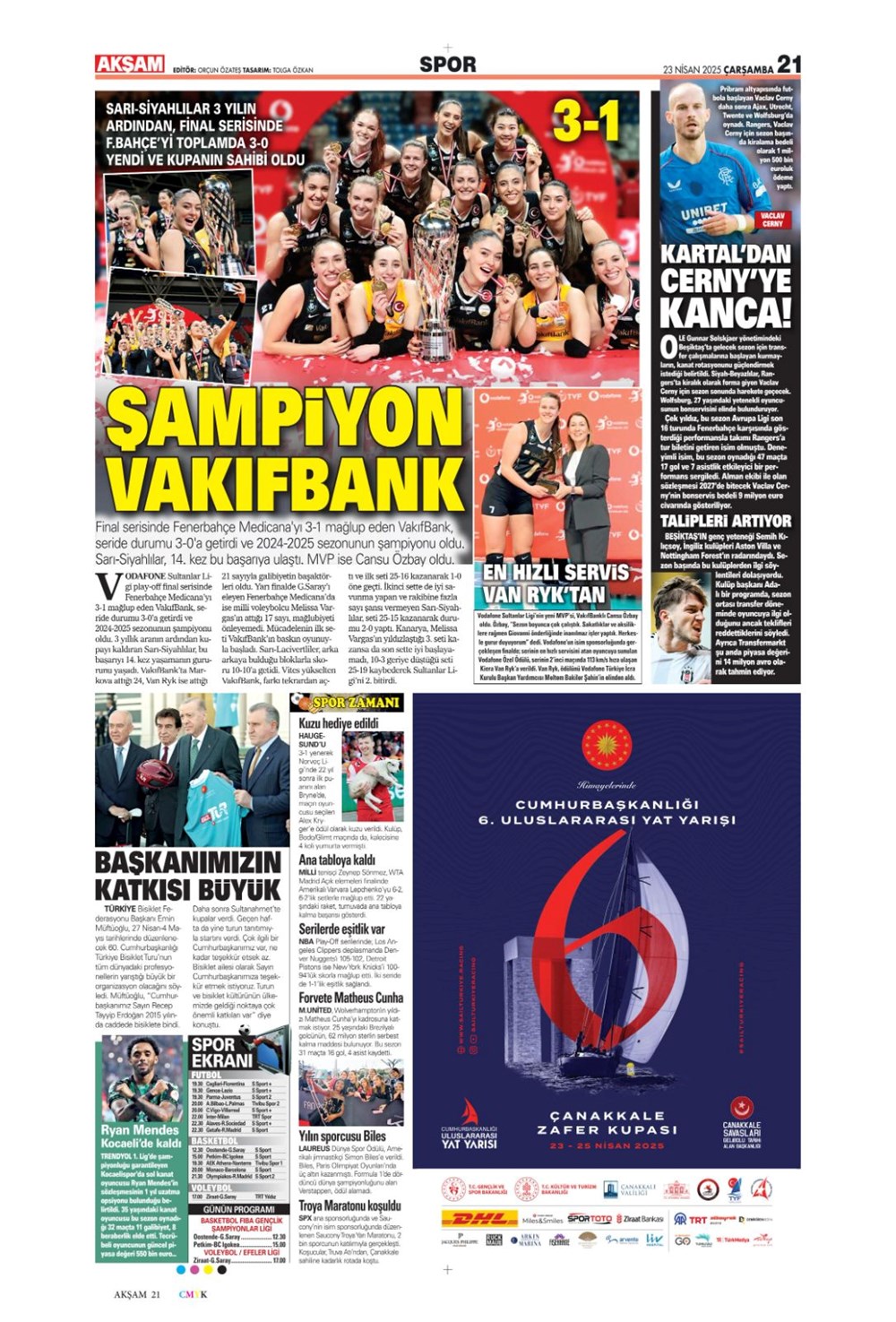 "Aslan finale kükredi" (23 Nisan 2025 spor manşetleri) - 9