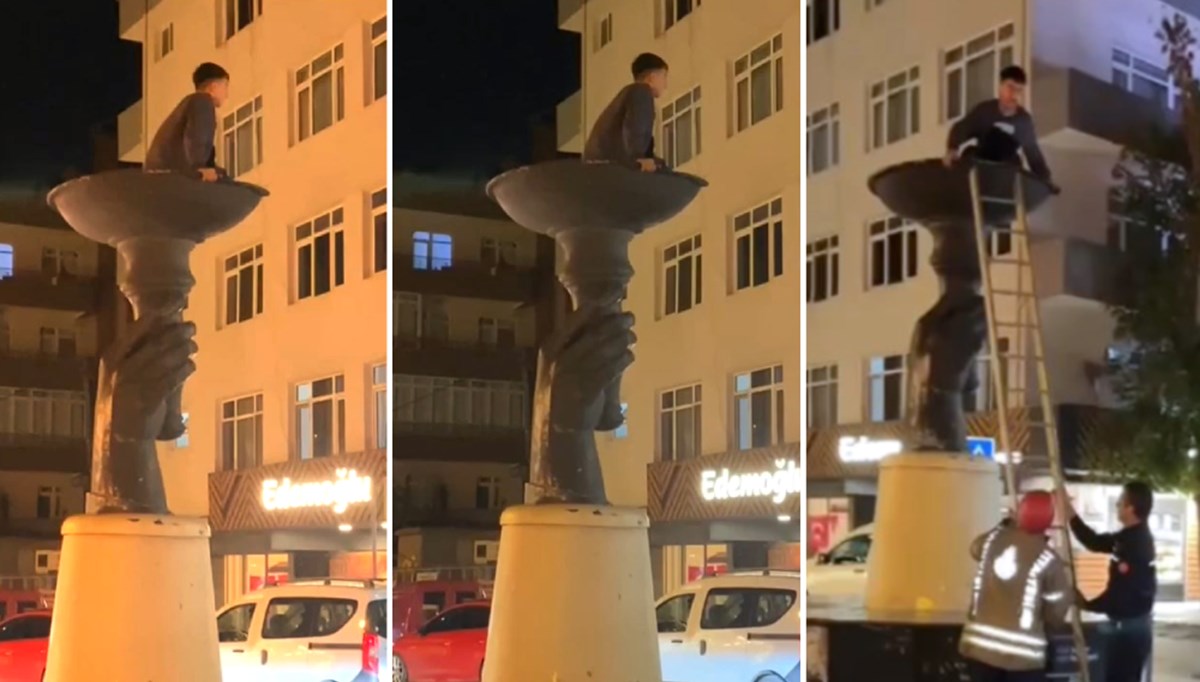 İddiayı kazandı ama mahsur kaldı: Heykele çıkan genci itfaiye kurtardı İddiayı kazandı ama mahsur kaldı: Heykele çıkan genci itfaiye kurtardı