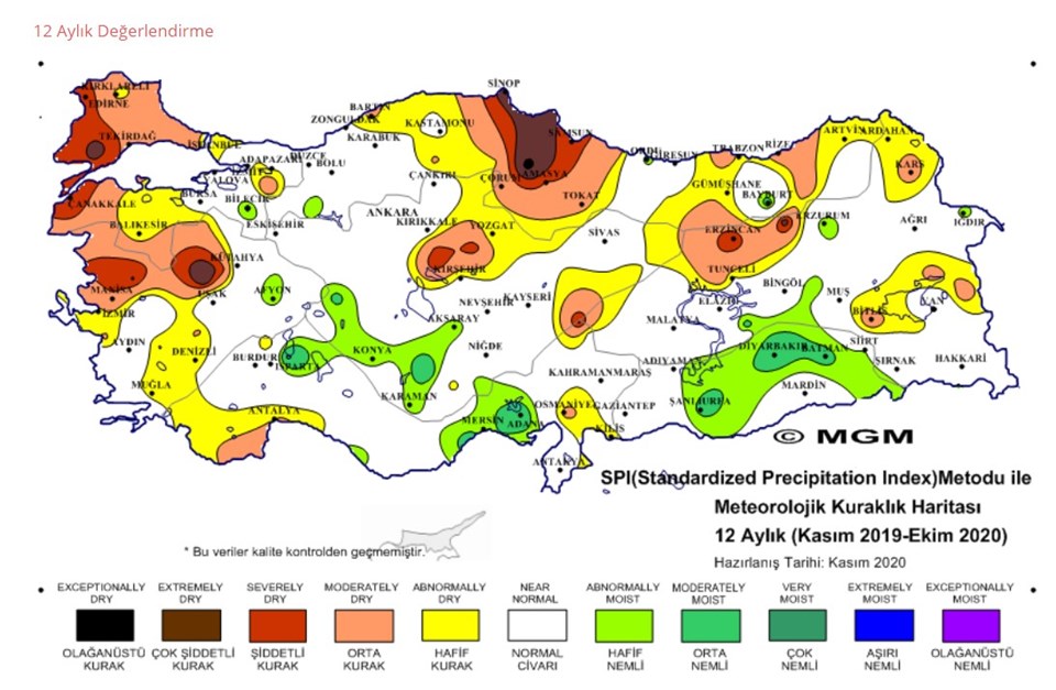 MGM'de yer alan 12 aylık kuraklık haritası (Kasım 2019-Ekim 2019) 