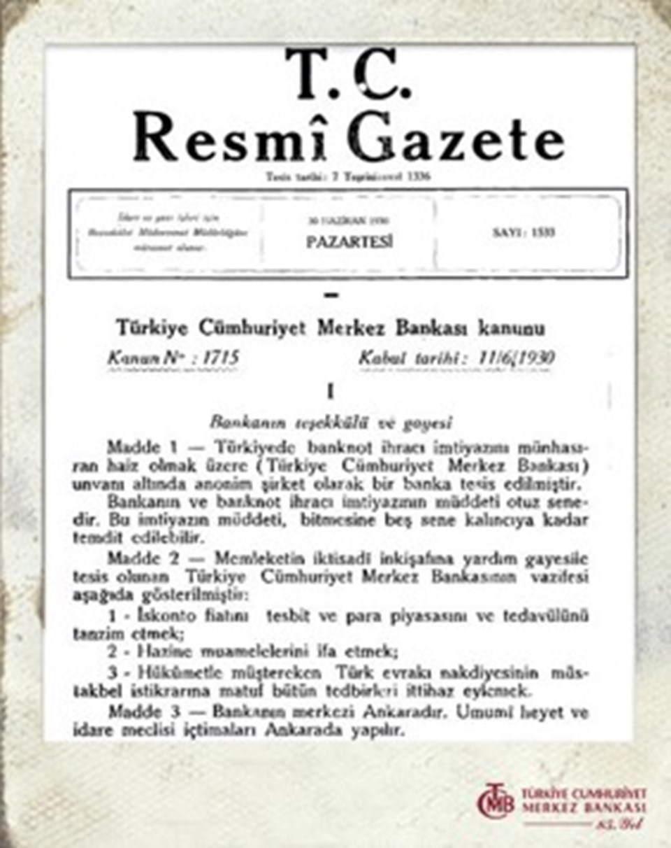 Dünden bugüne Türkiye Cumhuriyet Merkez Bankası (91. yıldönümü) - 1