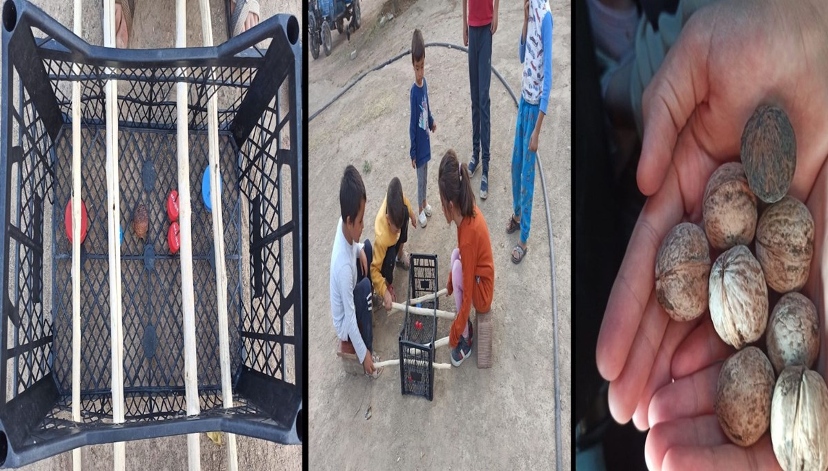 Cevizi top yapıp meyve kasasında langırt oynuyorlar