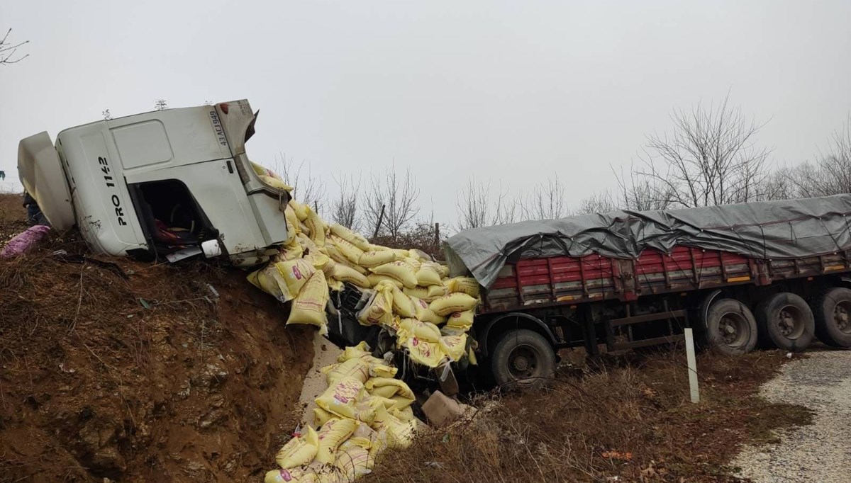 Yem yüklü TIR yoldan çıktı 2 kişi yaralandı Yem yüklü TIR yoldan çıktı 2 kişi yaralandı