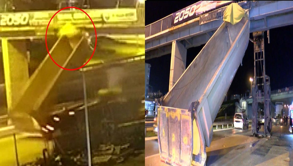 Hafriyat kamyonunun damperi üst geçide böyle takıldı