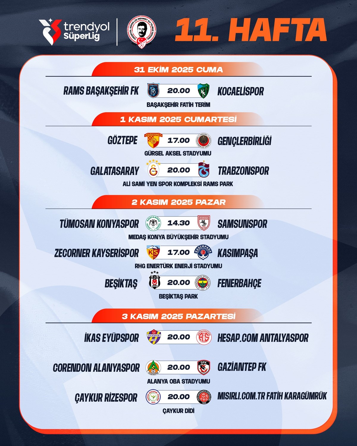 Süper Lig 11. hafta programı