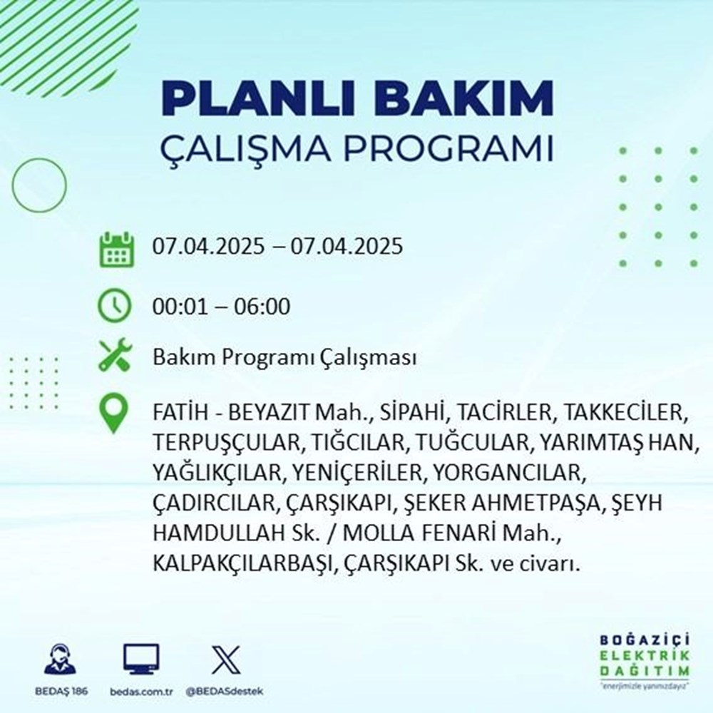 İstanbul'un 21 ilçesinde elektrik kesintisi: Elektrikler ne vakit gelecek? 9 saat sürecek (7 Nisan BEDAŞ kesinti programı) 99 mutcUosy7UWFeBEwpoy6kA
