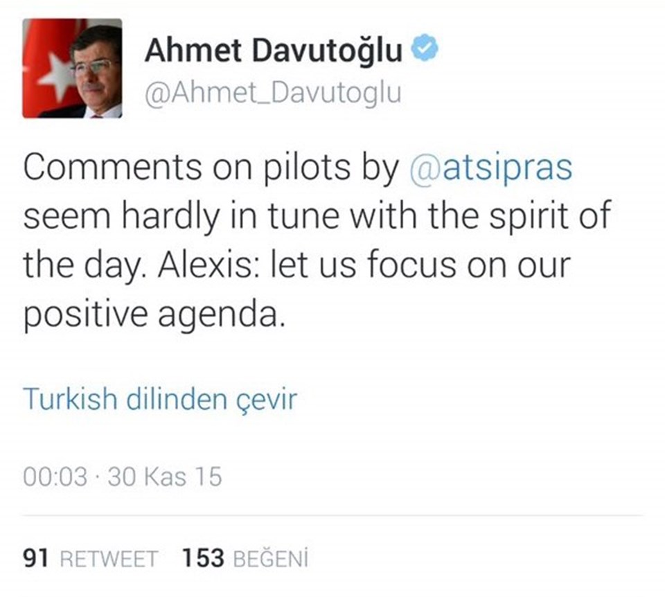 Çipras, Rus uçağıyla ilgili tweet attı; Davutoğlu eleştirince sildi - 2