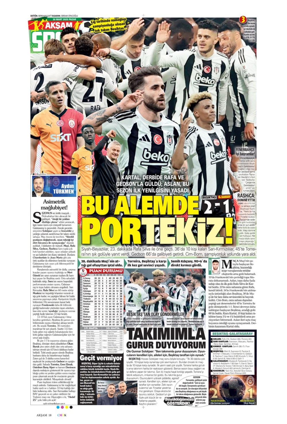 "Zirveye Kartal pençesi" (30 Mart 2025 spor manşetleri) - 1