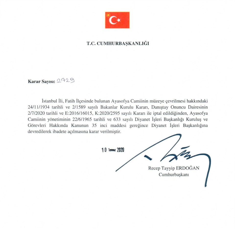 SON DAKİKA HABERİ: Cumhurbaşkanı Erdoğan'dan Ayasofya kararnamesi - 1