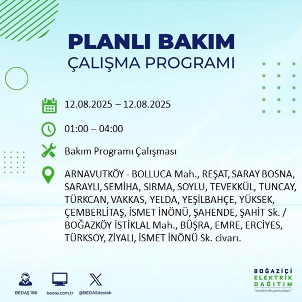 12-13 Ağustos İstanbul elektrik kesintisi: Silivri, Sultangazi, Kağıthane, Sarıyer! İstanbul'da elektrikler ne zaman, saat kaçta gelecek? İstanbul'un 23 ilçesinde elektrik kesintisi: Elektrikler ne zaman gelecek? 12 Ağustos BEDAŞ kesinti programı - 2