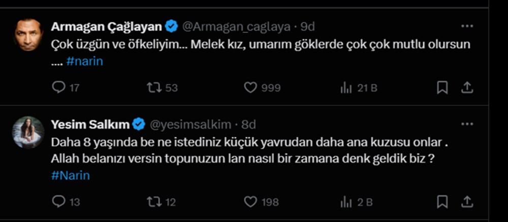 "Narin'imize nasıl kıydınız" Ünlü isimler sosyal medyadan isyan etti - 14