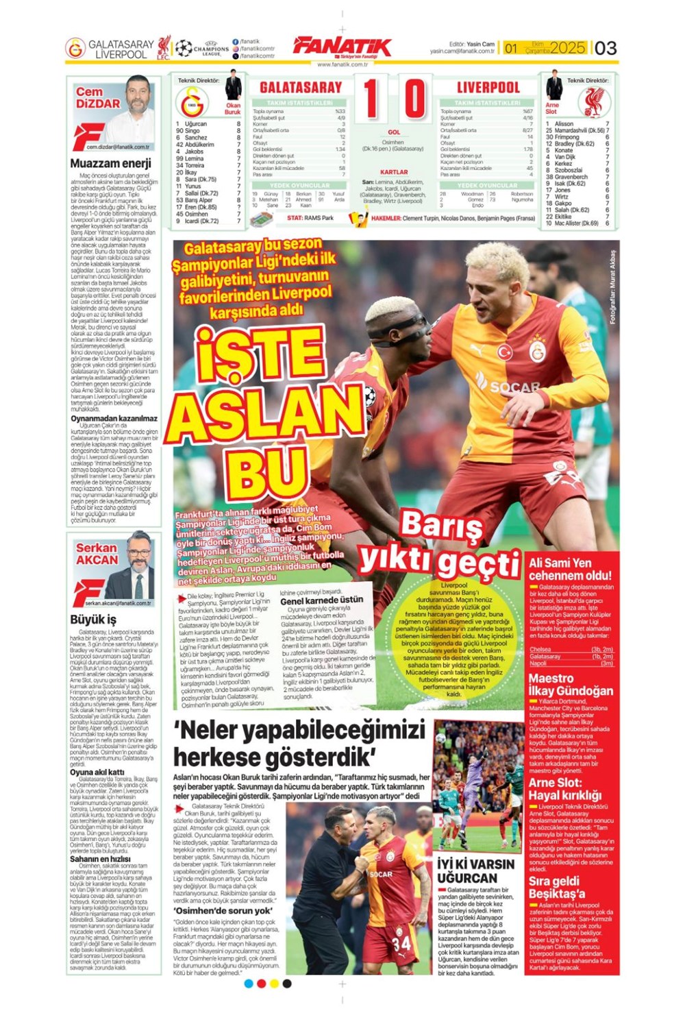 "Adı Aslan, işi destan" (1 Ekim 2025 spor manşetleri) - 3