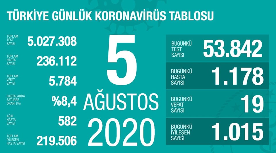 Türkiye'de corona virüsten son 24 saatte 19 can kaybı, bin 178 yeni vaka - 1