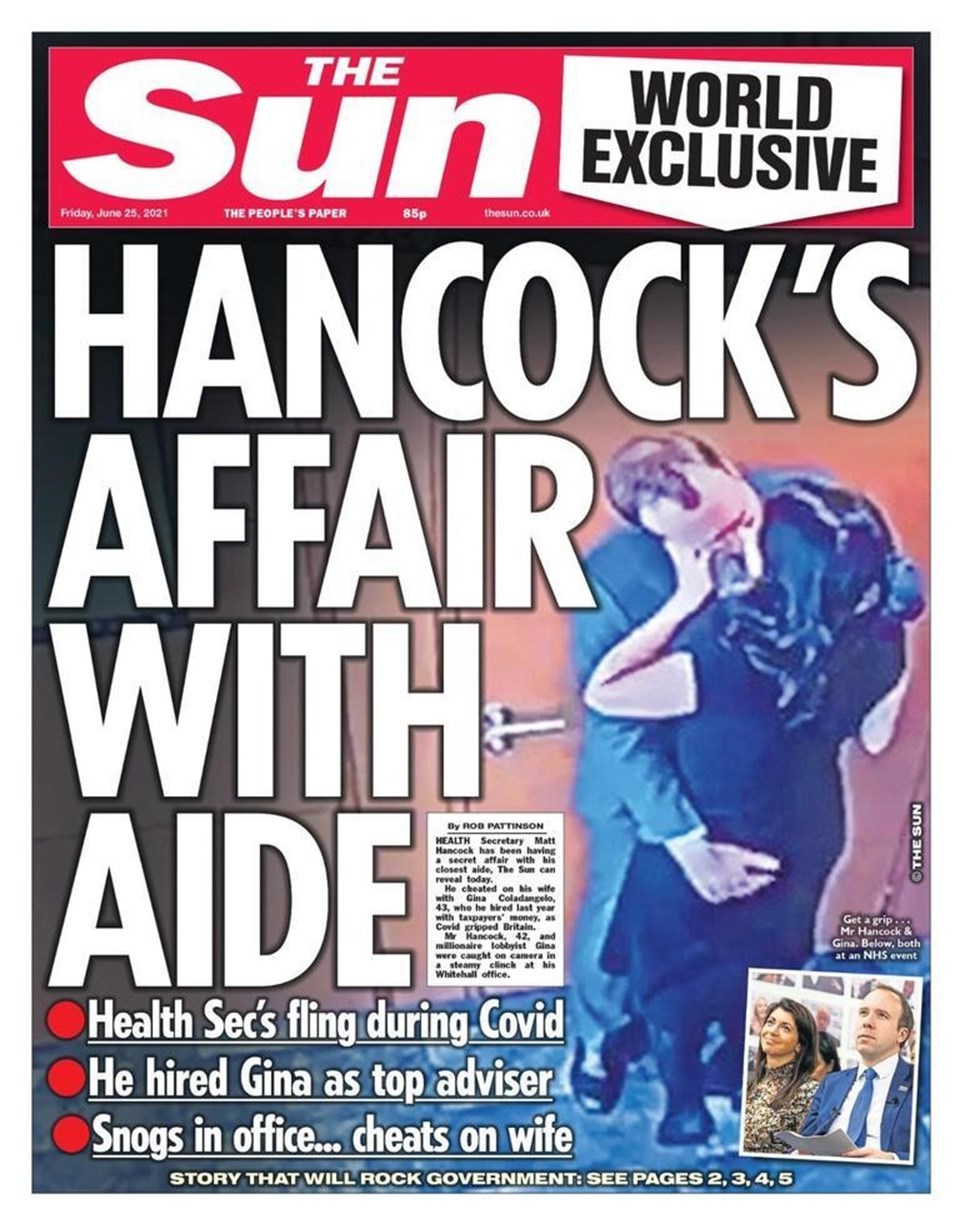 Sağlık Bakanı Matt Hancock yardımcısı Gina Coladangelo'nun görüntüleri İngiltere'nin önde gelen tabloid gazetelerinden The Sun'ın manşetinde yer almıştı.