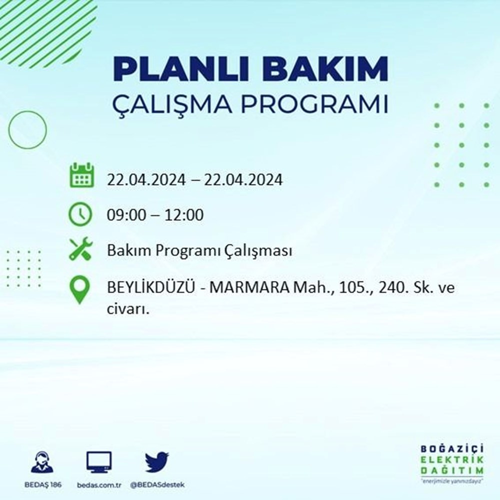 تركيا اليوم انقطاع للتيار الكهربائي في 18 منطقة في إسطنبول اعتبارًا من بداية الأسبوع انقطاع التيار الكهربائي عن 18 منطقة بإسطنبول: متى تعود الكهرباء؟ (جدول قطع BEDAŞ بتاريخ 22 أبريل) - 25
