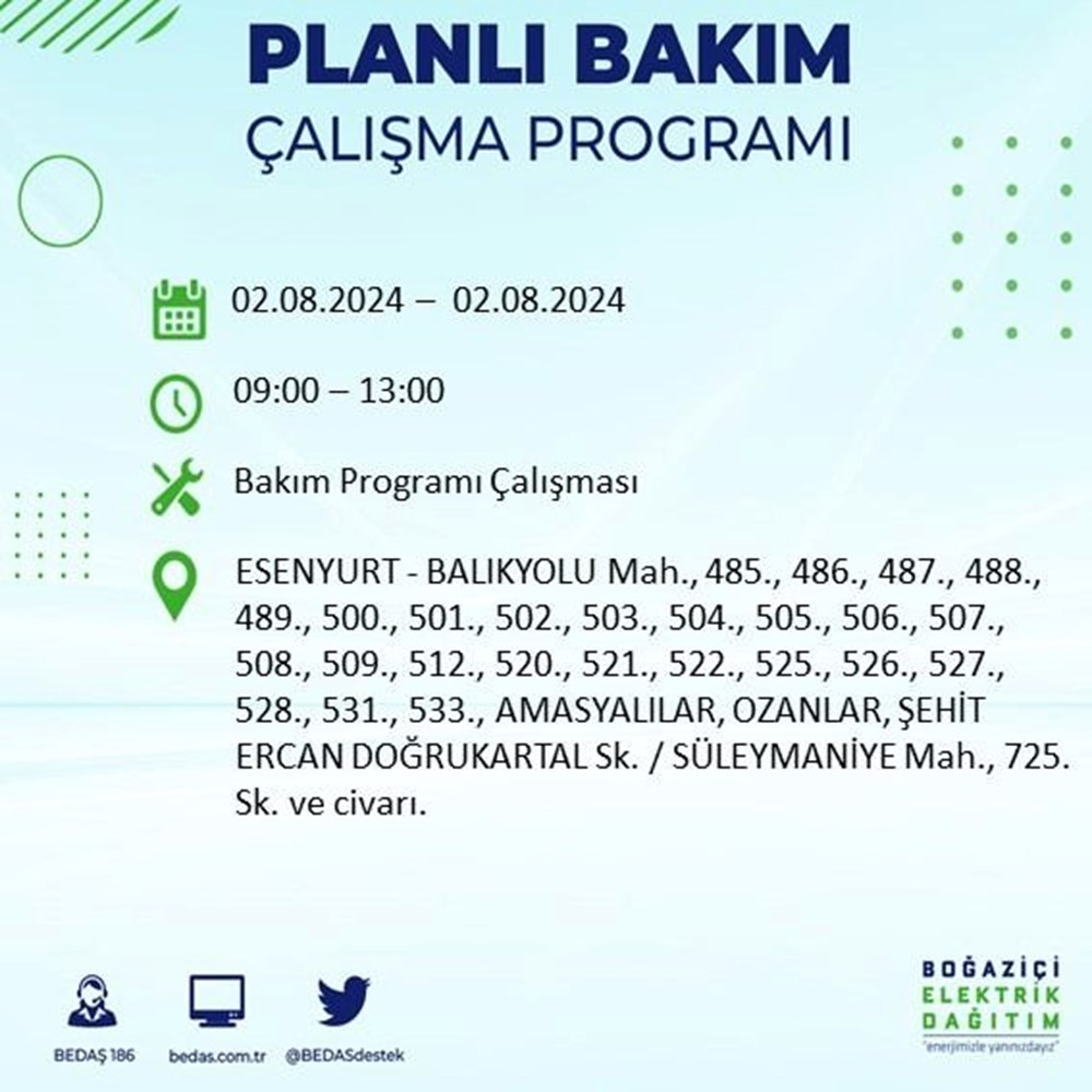 İstanbul'un 22 ilçesinde elektrik kesintisi: Elektrikler ne zaman gelecek? (2 Ağustos BEDAŞ kesinti programı) - 30