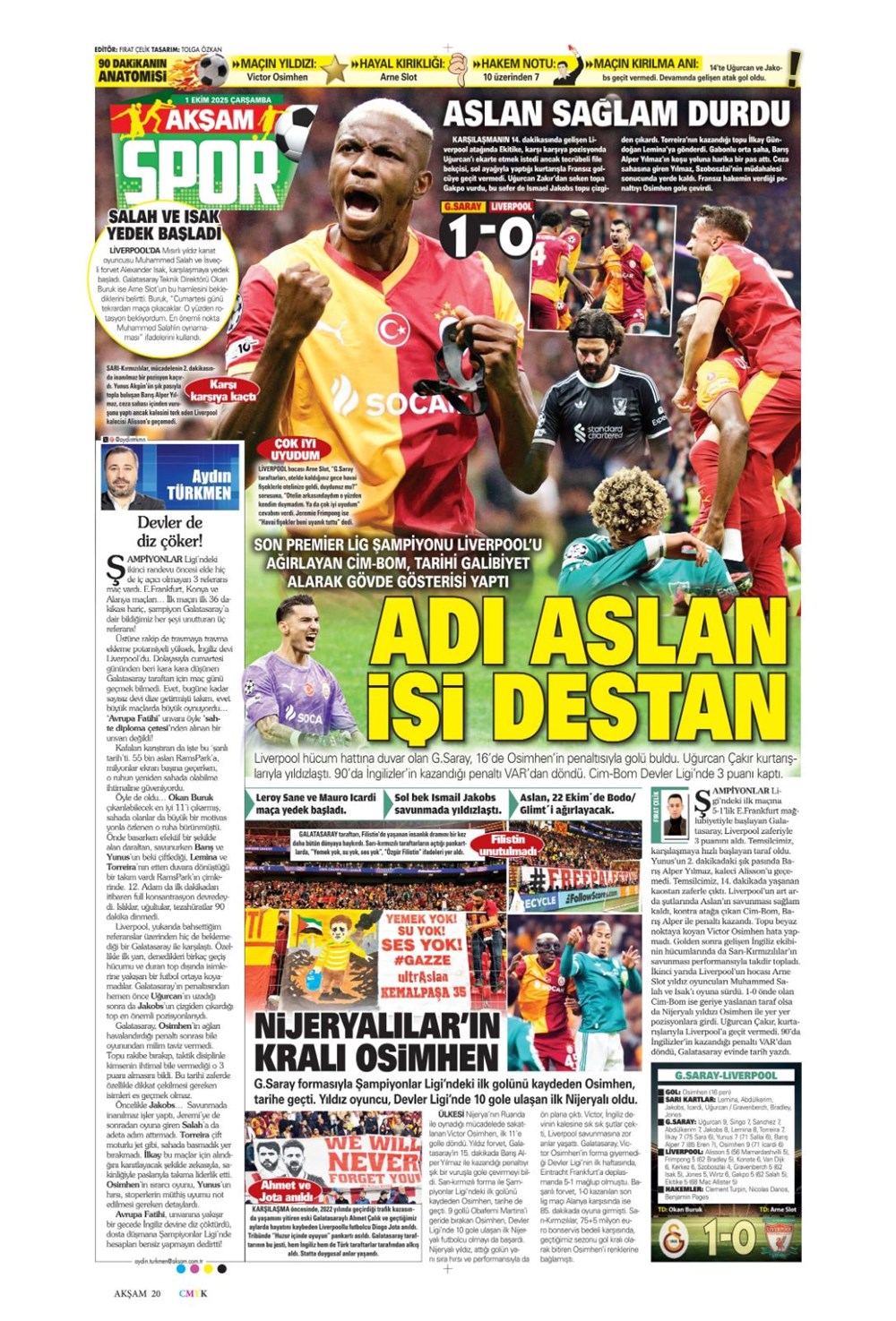 "Adı Aslan, işi destan" (1 Ekim 2025 spor manşetleri) - 1