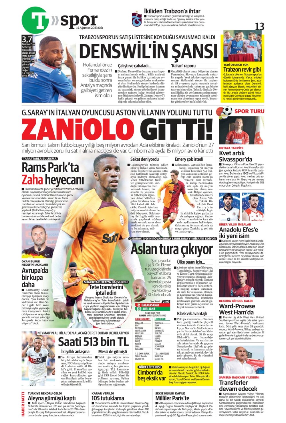 "Aslan'ın tur günü" | 15 Ağustos 2023 spor manşetleri - 15
