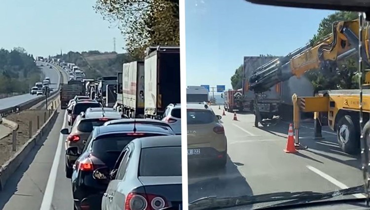 Devrilen tır yolu kapattı, kilometrelerce kuyruk oluştu Devrilen tır yolu kapattı, kilometrelerce kuyruk oluştu