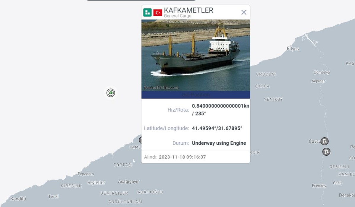 MarineTraffic’e göre Kafkametler isimli geminin son görüldüğü nokta