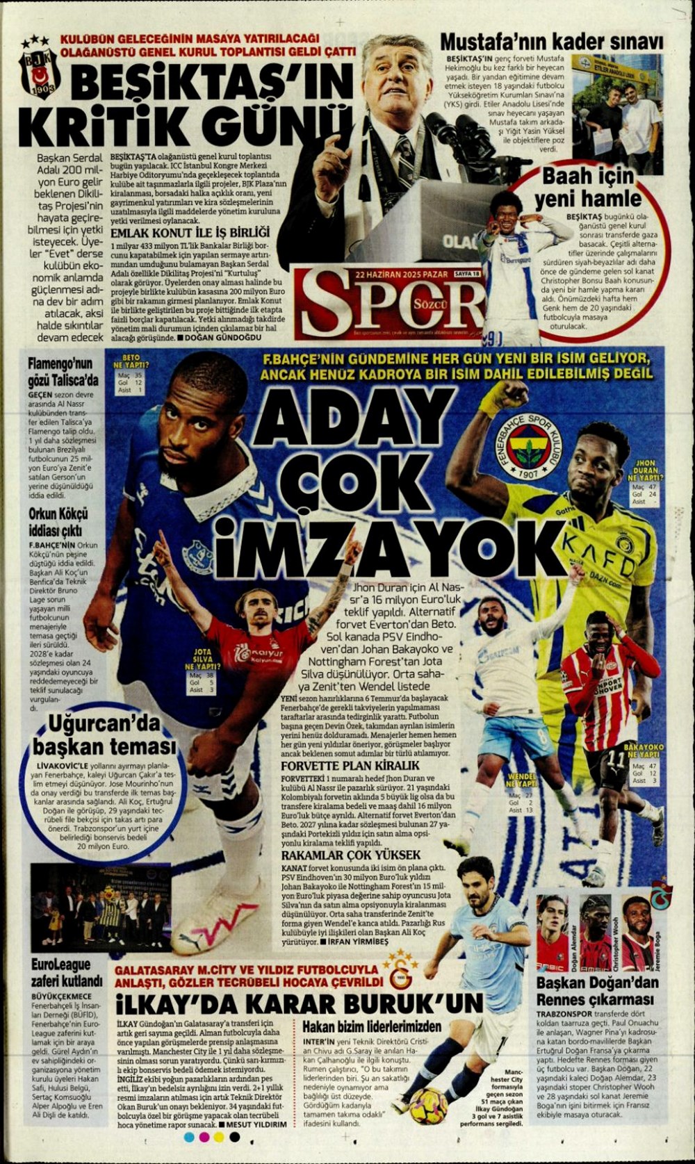 "Aday çok, imza yok" (22 Haziran 2025 spor manşetleri) - 15