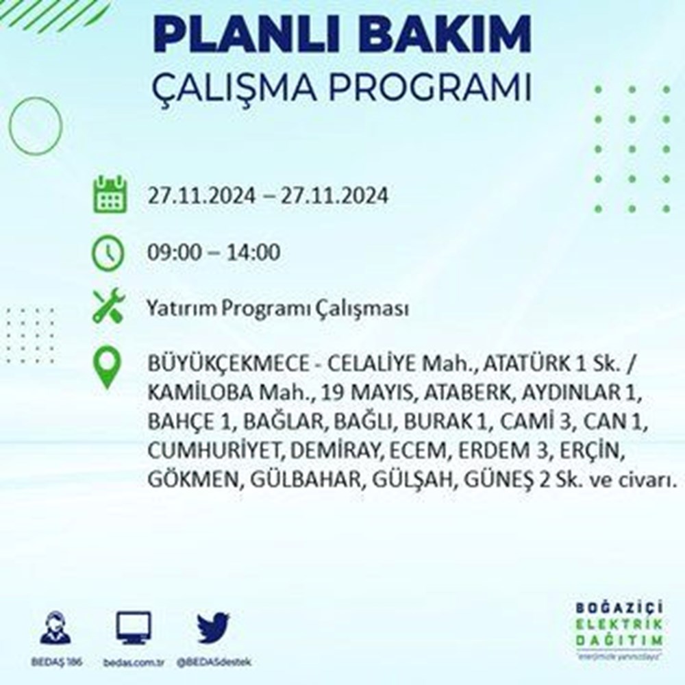 انقطاع التيار الكهربائي عن 17 منطقة بإسطنبول 5 انقطاع التيار الكهربائي عن 17 منطقة بإسطنبول: متى تعود الكهرباء؟ BEDAŞ 27 نوفمبر برنامج انقطاع التيار الكهربائي - 7