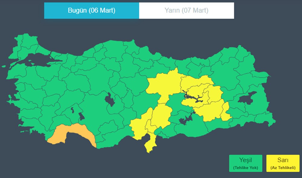 ANTALYA İÇİN TURUNCU 11 İL İÇİN SARI KODLU UYARI