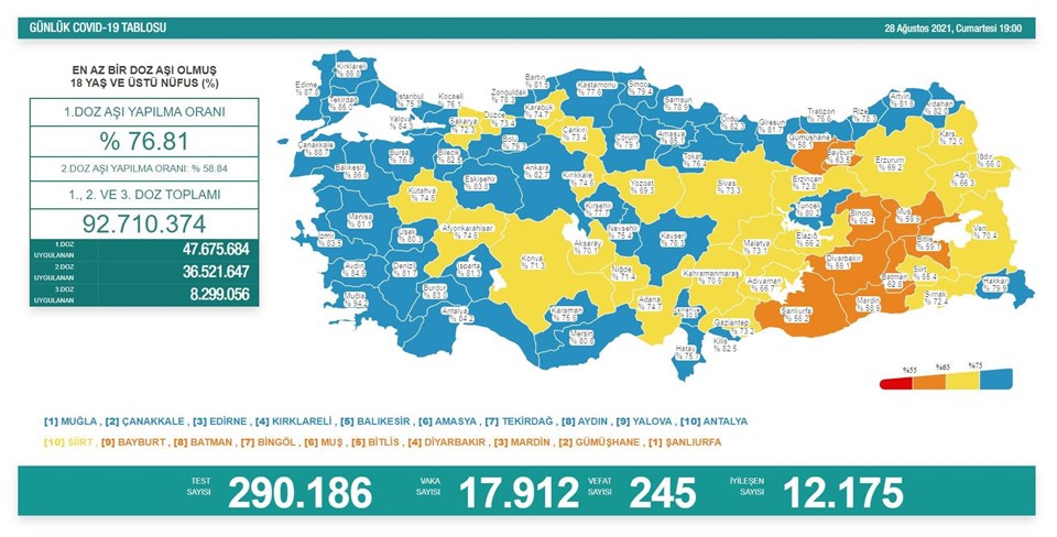 28 Ağustos 2021 corona virüs tablosu: 245 can kaybı, 17 bin 912 yeni vaka - 1