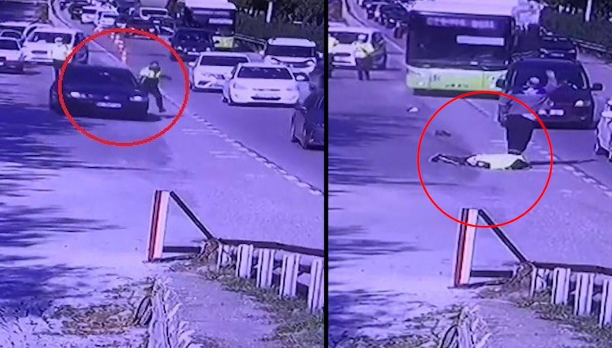 Trafik polisi böyle sürüklendi