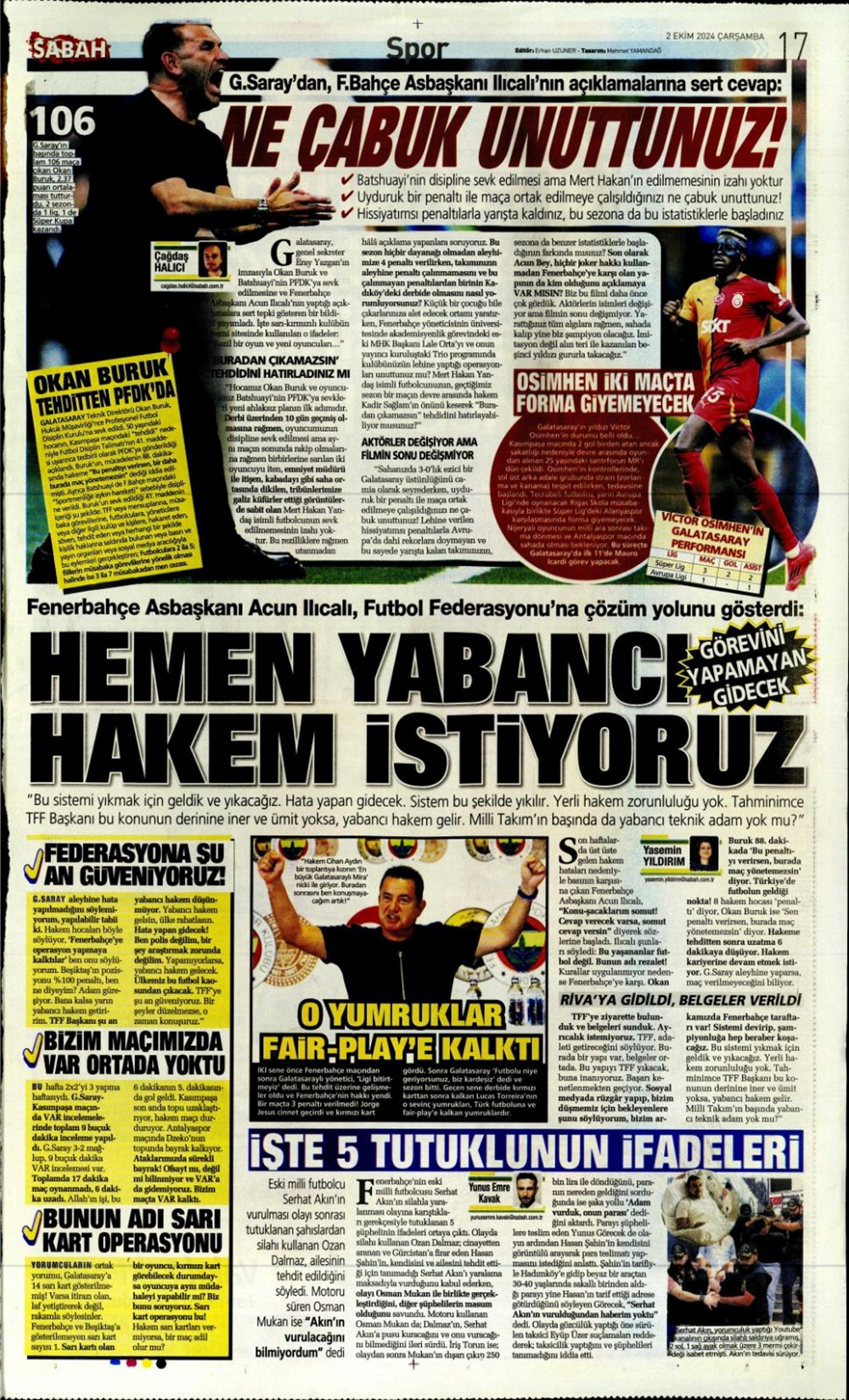 "Bir Mourinho klasiği" (2 Ekim 2024 spor manşetleri) - 10