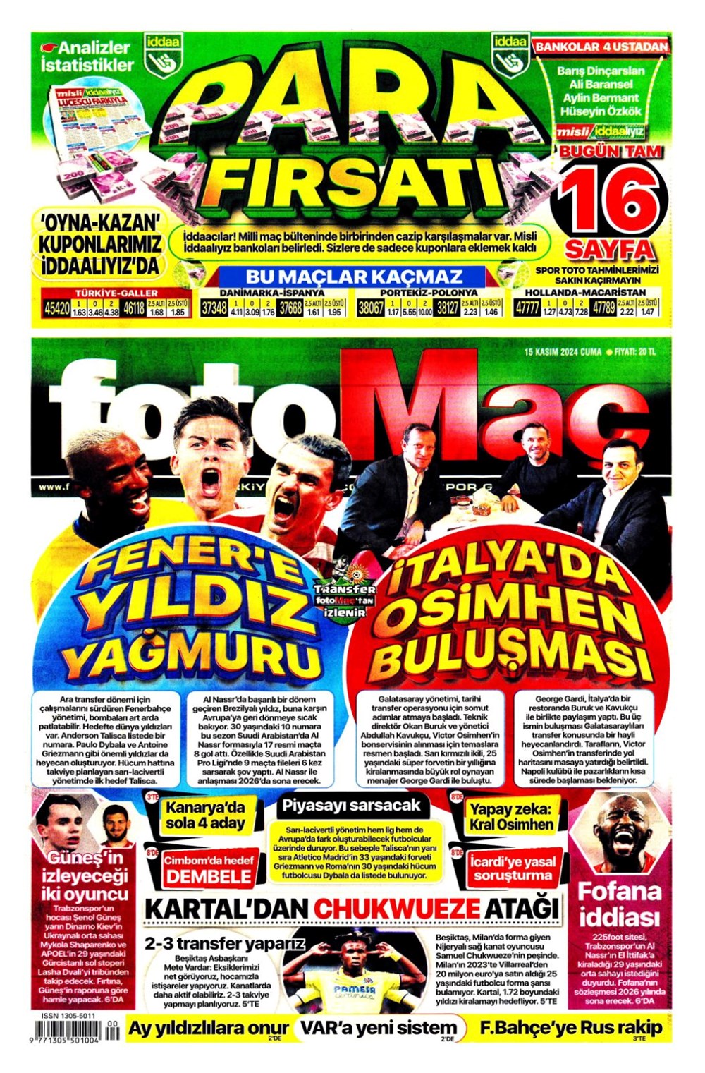 "Fener'e yıldız yağmuru" (15 Kasım 2024 spor manşetleri) - 1