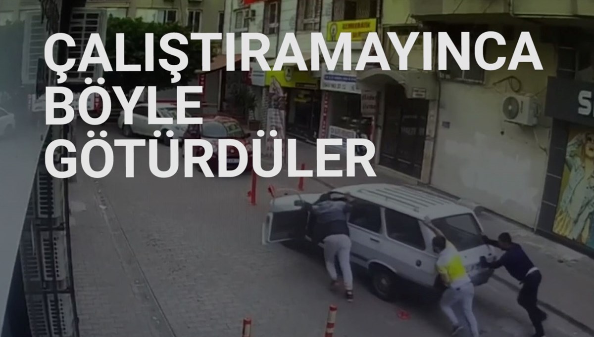 Park halindeki otomobili iterek çaldılar Park halindeki otomobili iterek çaldılar