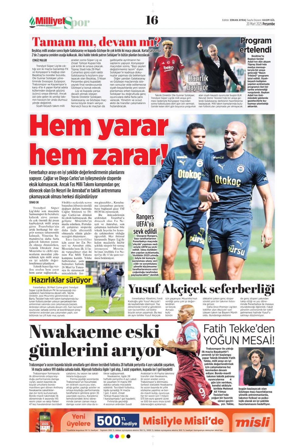 "Milliler avantaj peşinde" (20 Mart 2025 spor manşetleri) - 19