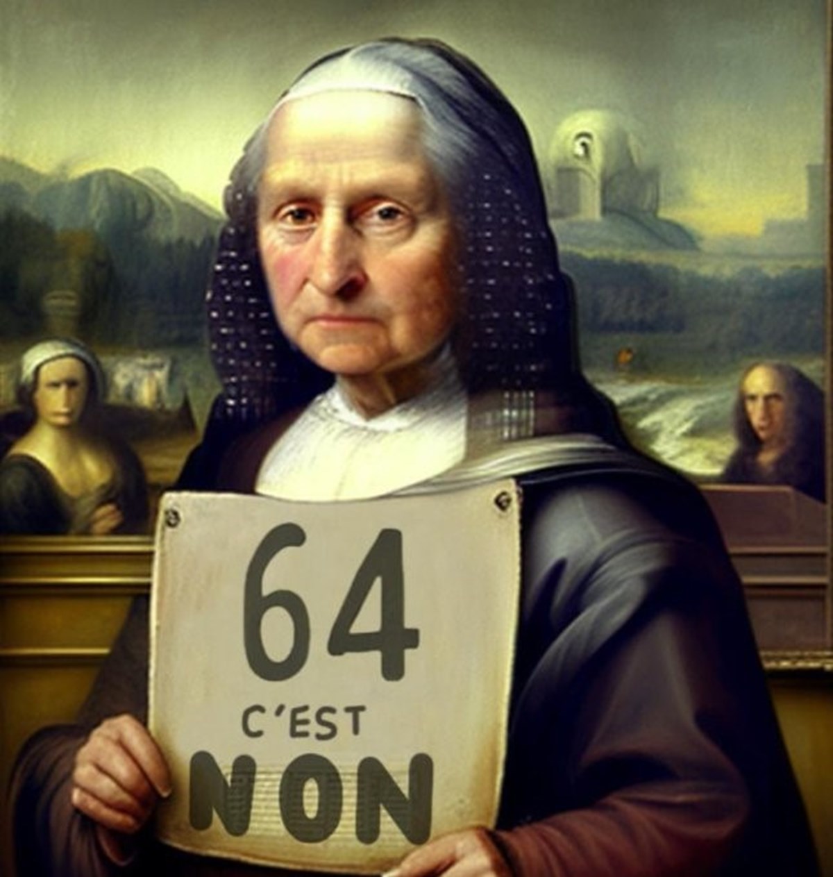 Grevciler, yaşlanan Mona Lisa resminin üstüne "64 yaşa hayır" yazdı