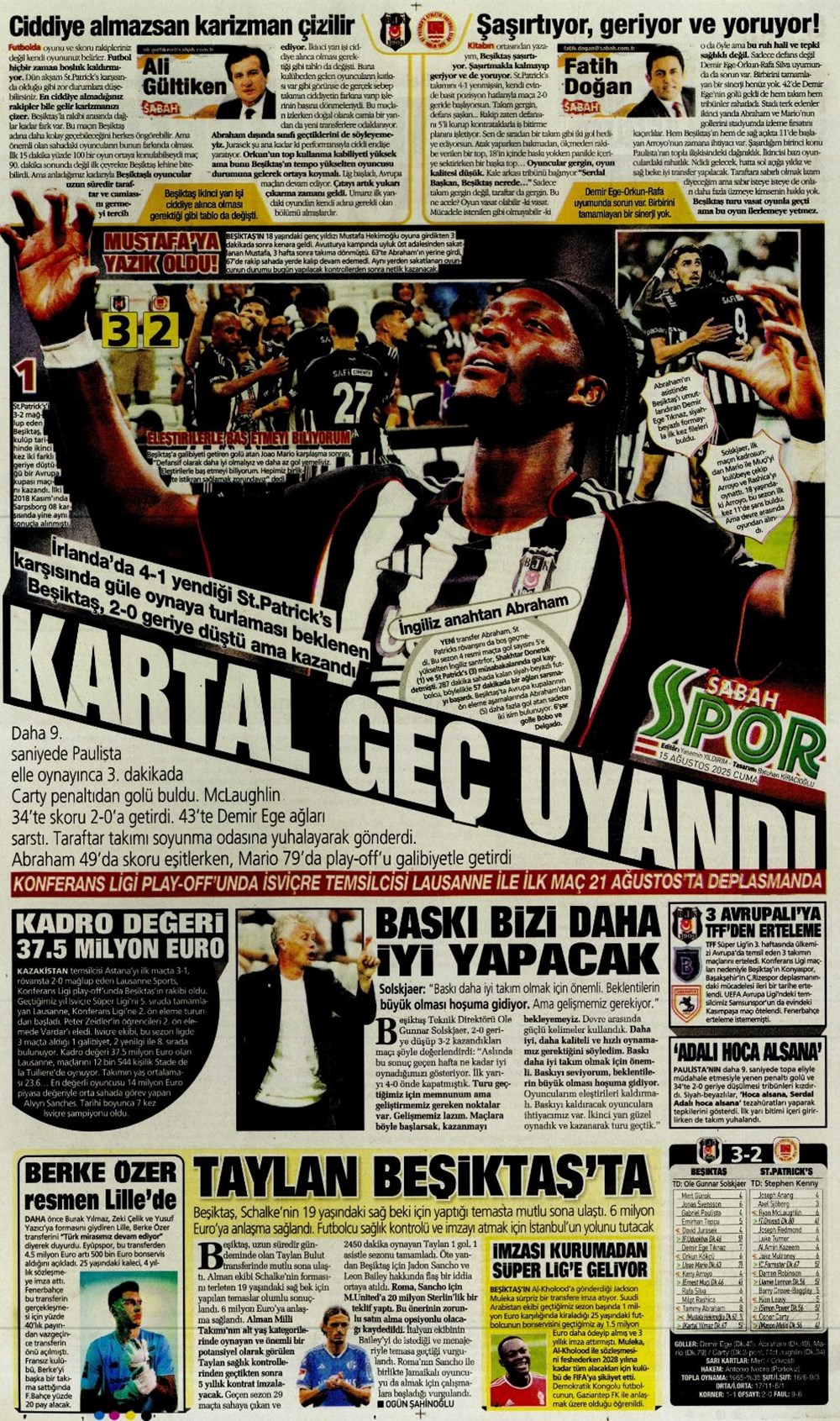"Kabustan zafere" (15 Ağustos spor manşetleri) - 16