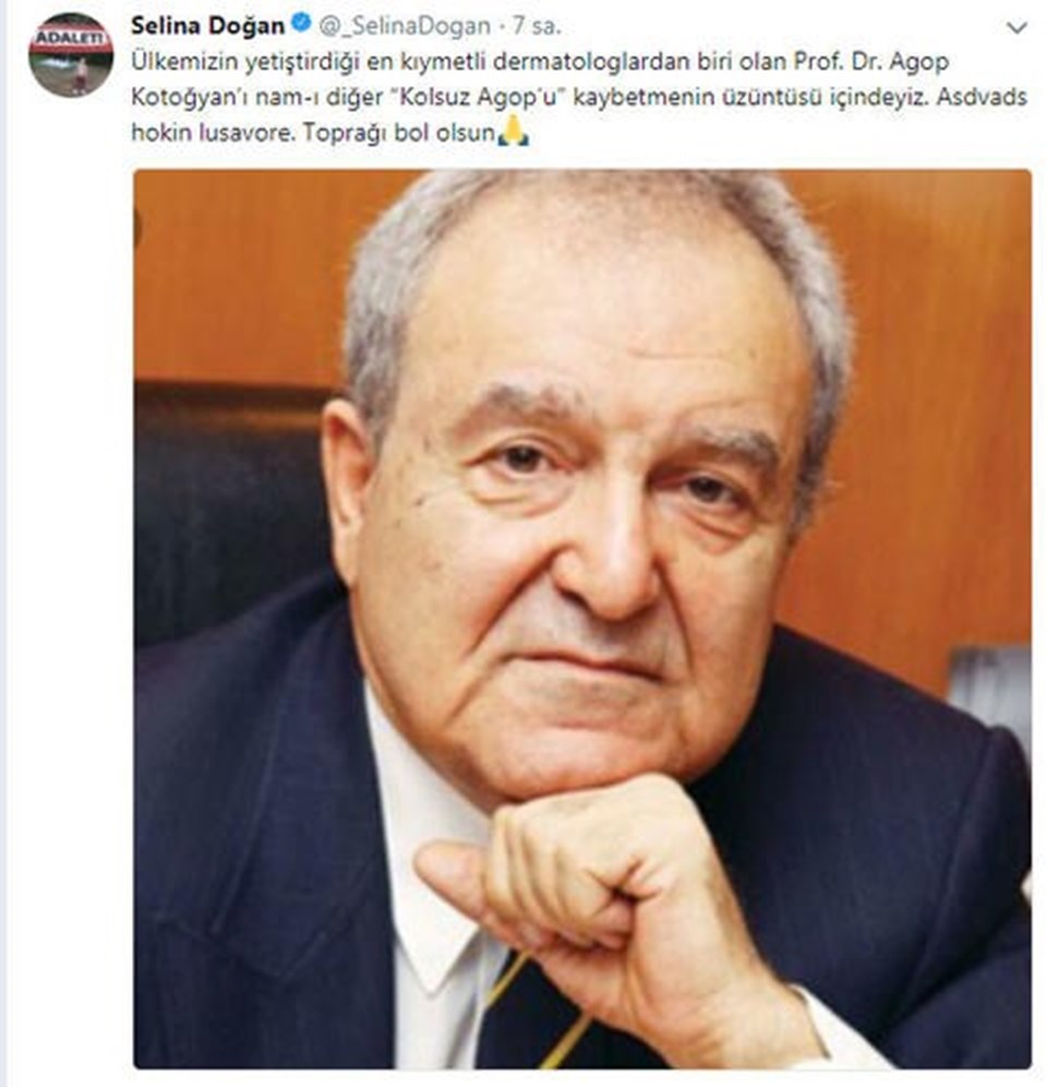 Selina Doğan, Kolsuz Agop'un ölümünü Twitter'da Türkçe ve Ermenice duyurdu.