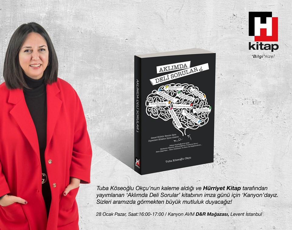 Tuba Köseoğlu Okçu, D&R Kanyon'da 28 Ocak Pazar 16.00'da meraklı okurlarıyla buluşup, "Aklımda Deli Sorular"ı imzalayacak.