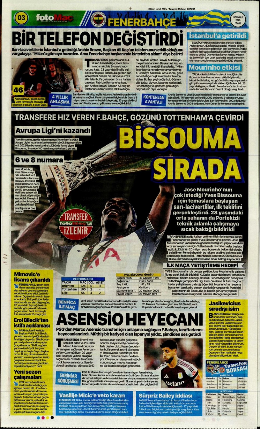 "Transfer şov" (13 Temmuz 2025 spor manşetleri) - 7