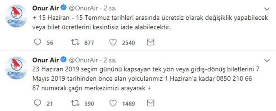 Onur Air, açıklamayı sosyal medya hesaplarından duyurdu...