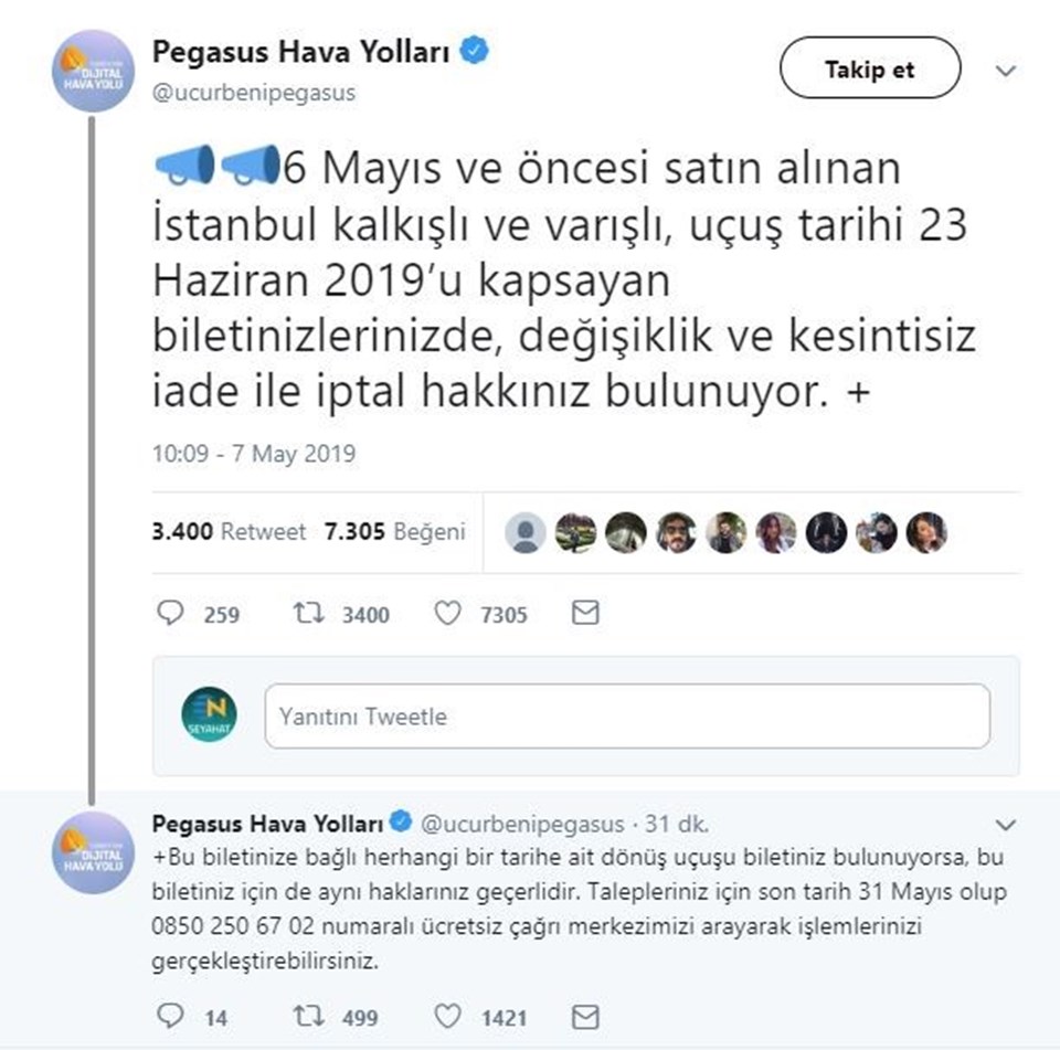 Pegasus, açıklamayı sosyal medya hesaplarından duyurdu...