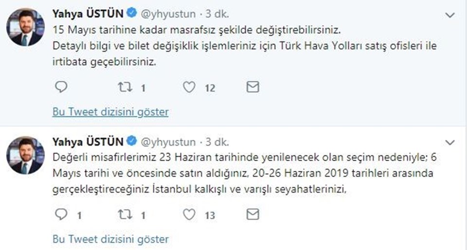 Türk Hava Yolları Basın Müşaviri Yahya Üstün, açıklamayı sosyal medya hesabından duyurdu...