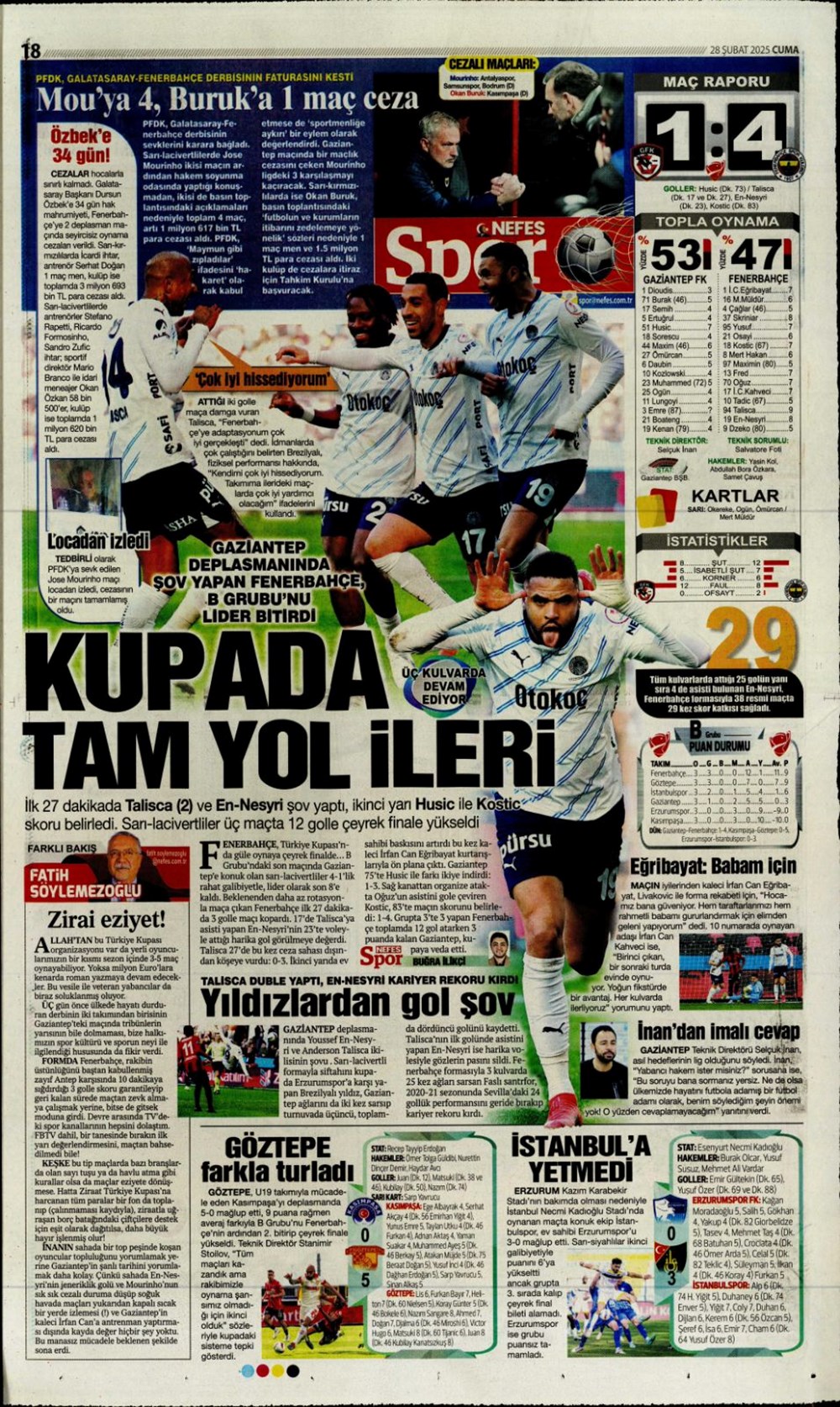 "Çeyrek finalde derbi var" (28 Şubat 2025 spor manşetleri) - 30
